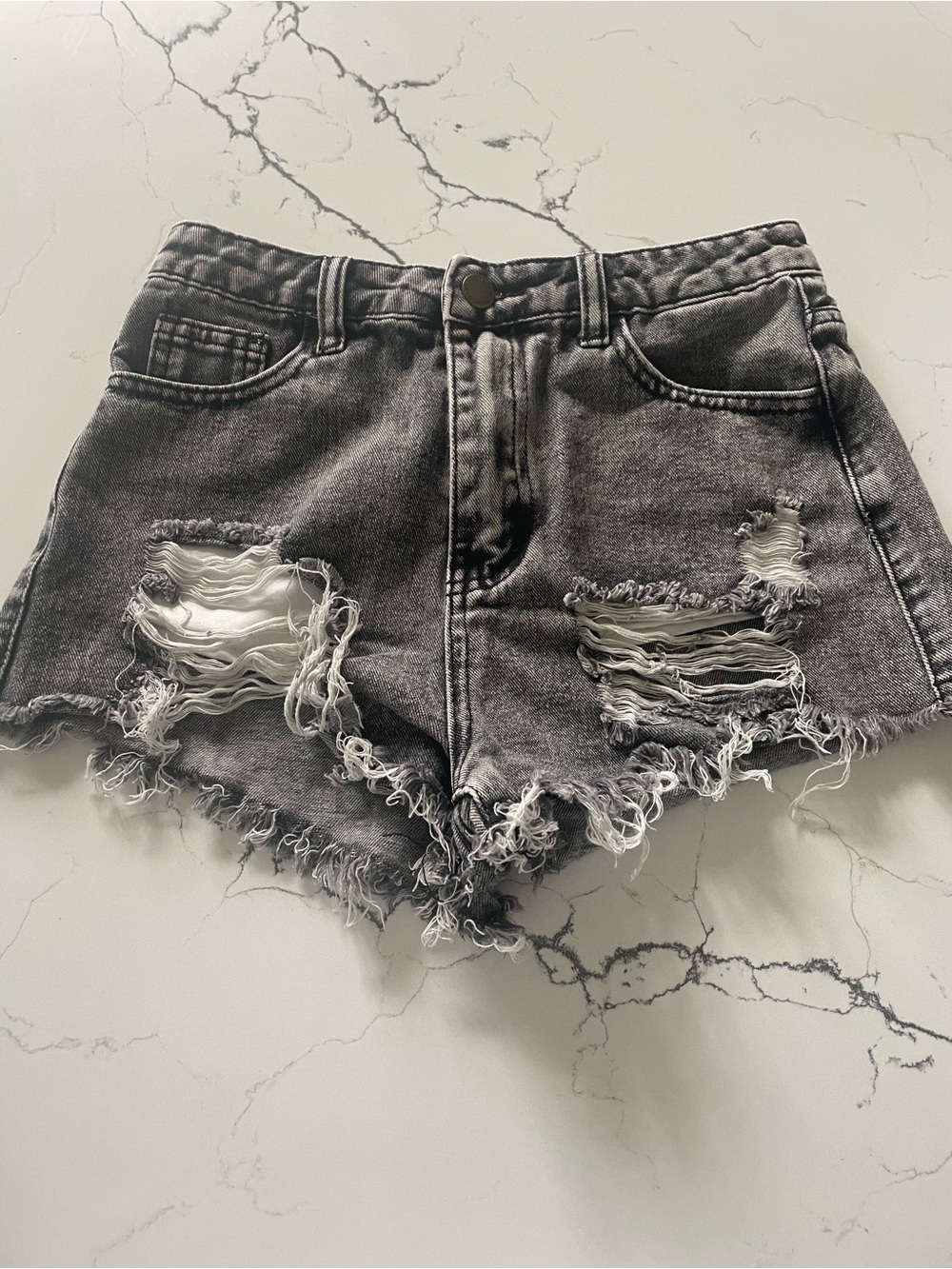 SHEIN Charcoal Gray Distressed High-Waist Denim Shorts - Teen 12-13Y